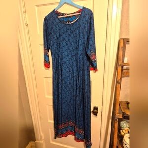 Chic Boho Blue and Red Long Sleeve Maxi Dress. 23ptp